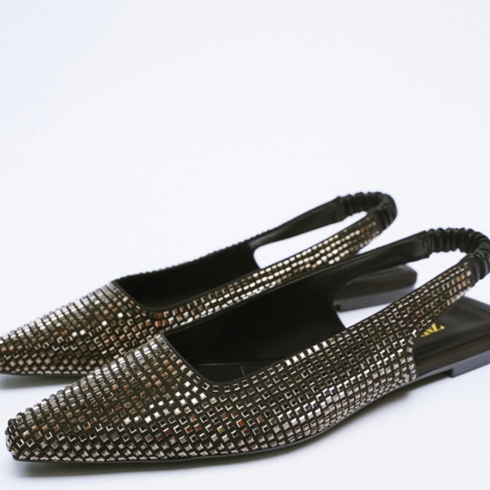 NWT 38 Zara Embellished Jewel Studded Slingback Square Toe Sandals Flate